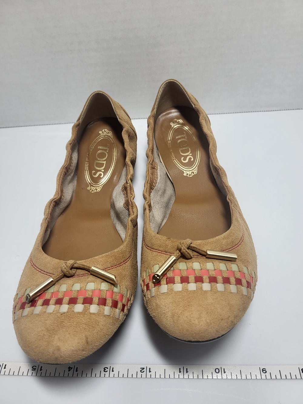 TOD'S Women's Tan Suede Ballet Driving Flats with Woven Accent Size US 8 UE 39.5